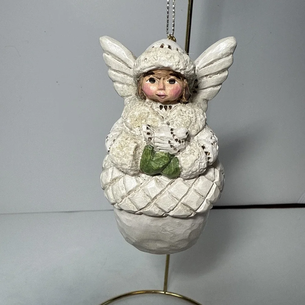 Vintage Pam Schifferl Acorn Angel White Signed Ornament For‎ Midwest With Dove
